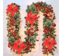 Guirnalda Navidad, Corona navideña de 2,7 m, 200 Ramas, con Bayas Rojas y Agujas de Pino Blanco,Decoracion Navidad para Chimenea con escalones de jardín (Rojo)