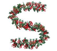 Guirnalda Navidad Verde, 175cm Christmas Garland con Hojas de Acebo Rojo Bayas y Piñas para Invierno Decoracion Mesa Navidad Chimenea Escalera (Multi)