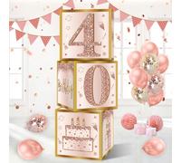 Guiruiy 3 cajas de decoración de 40 cumpleaños para mujer, cajas de globos de 40 cumpleaños de oro rosa, suministros de fiesta, decoración de caja de cartón temática de cumpleaños rosa de cuarenta