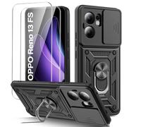Guisessy Funda para OPPO Reno 13 F (4G / 5G) / 13 FS 5G Armor Carcasa Cubierta de cámara Deslizante Proteger con 2 Pack Cristal Templado Protector, con 360 Anillo Soporte PC y Silicona TPU Case, Negro