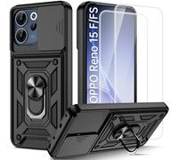 Guisessy Funda para OPPO Reno 15 5G/15 F 5G/15 FS 5G Armor Carcasa Cubierta de cámara Deslizante Proteger con 2 Pack Cristal Templado Protector, con 360 Anillo Soporte PC y Silicona TPU Case, Negro