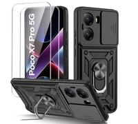 Guisessy Funda para Xiaomi Poco X7 Pro 5G Armor Carcasa Cubierta de cámara Deslizante Proteger con 2 Pack Cristal Templado Protector, con 360 Anillo Soporte PC y Silicona TPU Bumper Case, Negro