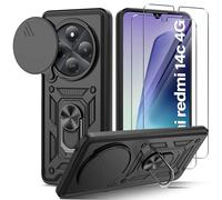 Guisessy Funda para Xiaomi Redmi 17C / 14C / Poco C75, Negro | 2 Protector Pantallar, Armor Carcasa Cubierta de Cámara Deslizante Proteger con 360 Anillo Soporte PC y Silicona TPU Case