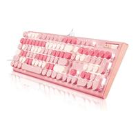 guismous Bonito teclado rosa con cable, con máquina de escribir retroiluminada blanca, perilla de volumen, botón de interruptor de luz y soportes plegables, tamaño completo con teclado numérico para