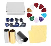 Guitar Accessories Kit | 10 Celluloid Picks + 4 Slides (Metal/Glass) + 8 Finger Cots | Skilled & Beginner Friendly | Portable Iron Box Storage