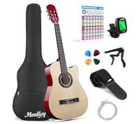 Guitarra acústica Moukey de 96 cm para principiantes, niños, jóvenes y adultos, con cutaway, kit con póster de acordes, funda, afinador, púas, cuerdas de nailon, cejilla y correa - Natural