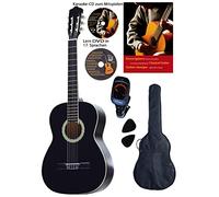 Guitarra de concierto 4/4, negra, con diapasón y puente de Rosewood, con tapas de abeto, DVD de aprendizaje, CD de karaoke, cancionero, funda acolchada con correas de espalda, 2 púas, afinador digital, set de iniciación