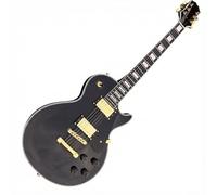Guitarra eléctrica de un solo corte, color negro, 5 capas, ribetes dorados, mástil y cuerpo sólido.