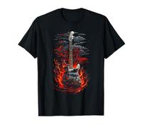 Guitarra eléctrica oscura con llamas rojas, nubes y fuego. Camiseta