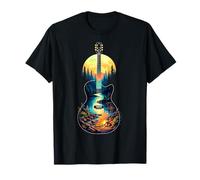 Guitarra Lago Reflexiones Bosque Pino Árbol Luna Campamento Guitarrista Camiseta