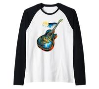 Guitarra Lago Reflexiones Bosque Pino Árbol Luna Campamento Guitarrista Camiseta Manga Raglan