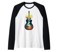 Guitarra Lago Reflexiones Bosque Pino Árbol Luna Campamento Guitarrista Camiseta Manga Raglan