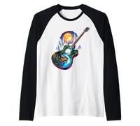 Guitarra Lago Reflexiones Bosque Pino Árbol Luna Campamento Guitarrista Camiseta Manga Raglan
