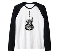 Guitarra Lago Reflexiones Bosque Pino Árbol Luna Campamento Guitarrista Camiseta Manga Raglan