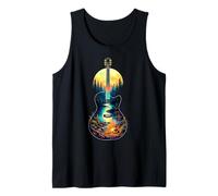 Guitarra Lago Reflexiones Bosque Pino Árbol Luna Campamento Guitarrista Camiseta sin Mangas