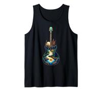 Guitarra Lago Reflexiones Bosque Pino Árbol Luna Campamento Guitarrista Camiseta sin Mangas