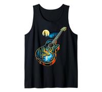 Guitarra Lago Reflexiones Bosque Pino Árbol Luna Campamento Guitarrista Camiseta sin Mangas