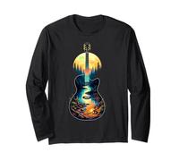 Guitarra Lago Reflexiones Bosque Pino Árbol Luna Campamento Guitarrista Manga Larga