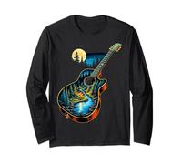 Guitarra Lago Reflexiones Bosque Pino Árbol Luna Campamento Guitarrista Manga Larga
