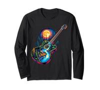 Guitarra Lago Reflexiones Bosque Pino Árbol Luna Campamento Guitarrista Manga Larga