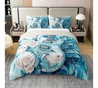 Guitarra Romántica 100% Algodón Natural Edredón Tamaño M Encantador Rosas Bonitos Pétalos de Flores Niños Juego de Ropa de Cama Clásica Azul Acuarela Estilo Música Occidental Cubierta, 2