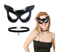 GUIZIYAO Juego De Disfraz Gata, Disfraz Gata Mujer, Disfrace Gato Incluye Gargantilla Negra Y Máscara, Adecuado Para Carnaval, Halloween, Cosplay De Gatos Y Bailes Máscaras, Collar Con Campanita