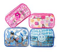 GUjianzhi Preppy - Bolsas de cosméticos transparentes rosa y azul, 4 unidades, con texto en inglés "Have A Good Day Happy Face", bolsa de maquillaje de PVC transparente, impermeable, portátil, con