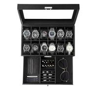 GUKA Caja de reloj, caja de reloj de 12 ranuras, fundas de reloj para hombres con tapa de cristal real, organizador de relojes de cuero sintético con estuche de joyería, cumpleaños para hombres y
