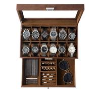 GUKA Caja de reloj de 12 ranuras, organizador de piel para joyas, cajón superior de cristal, con cerradura, cumpleaños para hombres y mujeres, niños, marido, papá (marrón)