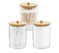 Gukasxi Paquete de 3 soportes acrílicos con tapas de bambú, botes de baño, dispensador de tarros, bolas de hisopo de algodón, soporte para organizador de almacenamiento de baño (transparente A)