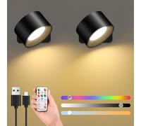 GuKKK Luz de Pared de Interior, 2 Pcs Lámpara de pared LED RGB 16 Color, Apliques Interior Giratoria de 360°, 3 Niveles de Brillo Pared de Interior, Táctil Lámparas de Pared Inalámbricas (Negro)