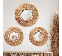 Gulfmew 3 espejos de rafia bohemios para colgar en la pared, 15.8 pulgadas, 11.8 pulgadas, redondos, redondos, bohemios, con cuentas de madera, espejos estéticos para dormitorio, sala de estar, baño