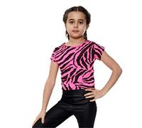 Gum & Berries Top corto para niñas Camiseta elástica a rayas con estampado de cebra Camisetas de verano de neón Rosa neón 7-8 años