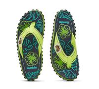 Gumbies Originals Blau - Chanclas hechas de materiales reciclados, suela robusta de neumáticos de coche reciclados, plantilla suave de lona de algodón, cómodo puño de algodón, Lime Hibiscus, 38 EU