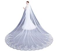 GUMEI Velo de Novia 4 M de una Capa para Mujer, Velo Largo de Boda con Forma de Catedral, Velo de Novia Bordado con Apliques de Encaje Floral, Ribete Festoneado, Velo de Novia con Peine