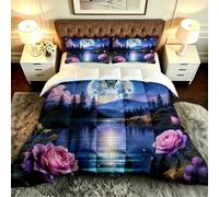 Gumntun Edredón Cama 105-200x200 cm Corazón Flores Moradas, Microfibra Lavable y Transpirable 3D Juego de Ropa, Matrimonial FáCil Lavar Juego de Cama Estampado para Regalo_B19912