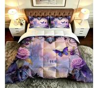 Gumntun Edredón Cama 105-200x200 cm Corazón Flores Moradas, Microfibra Lavable y Transpirable 3D Juego de Ropa, Matrimonial FáCil Lavar Juego de Cama Estampado para Regalo_B19900