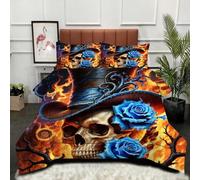 Gumntun Edredon Estampado Cama 90-135x200 cm Calavera con Llamas De Rosa, 3D Impresión Juego de Cama de 3 Piezas 135x200, Transpirable y Supersuave Juego de Ropa para Las 4 Estaciones_24382a