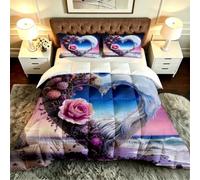 Gumntun Edredon Estampado Cama 90-135x200 cm Corazón Flores Moradas, 3D Impresión Juego de Cama de 3 Piezas 135x200, Transpirable y Supersuave Juego de Ropa para Las 4 Estaciones_B19916
