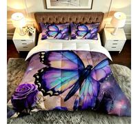 Gumntun Edredon Estampado Cama 90-135x200 cm Mariposa Flores Moradas, 3D Impresión Juego de Cama de 3 Piezas 135x200, Transpirable y Supersuave Juego de Ropa para Las 4 Estaciones_B19562