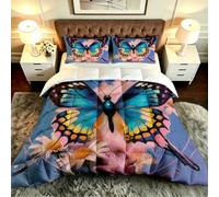 Gumntun Edredón Estampado Cama 90-150x200 cm Mariposa Flores, 3 Piezas Edredon Lavable sin Funda, 3D Impresión Microfibra Juego de Cama (2 Funda de Almohada 50x75 cm)_B19731