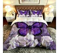 Gumntun Edredón Estampado Cama 90-150x200 cm Mariposa Flores Moradas, 3 Piezas Edredon Lavable sin Funda, 3D Impresión Microfibra Juego de Cama (2 Funda de Almohada 50x75 cm)_B19557