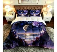 Gumntun Edredones Cama 150-220x240 cm Corazón Flores Moradas, Microfibra Esponjosa Impreso Edredón sin Funda, 3D Estampado Juego de Cama con 2 Funda de Almohada (50x75 cm)_B19907