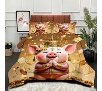 Gumntun Edredones Cama 180-240x260 cm Cerdito Amarillo con Monedas, Exquisito 3D Edredón Impreso sin Funda, 3 Piezas Microfibra Matrimonial Juego de Cama con 2 Funda de Almohada 50x75 cm_23312a