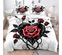 Gumntun Funda Nórdica 240x260 cm CorazóN Negro Y Rosas, 3D Juego de Ropa de Cama, Fácil Cuidado Fundas de Edredón con 1 Funda Nórdica 240x260 cm & 2 Funda de Almohada 50x75 cm_B16194