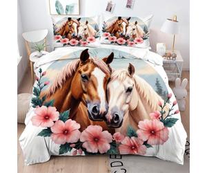 Gumntun Funda Nórdica 240x260 cm Flores Y Animales: Caballo, 3D Juego de Ropa de Cama, Fácil Cuidado Fundas de Edredón con 1 Funda Nórdica 240x260 cm & 2 Funda de Almohada 50x75 cm_B14586