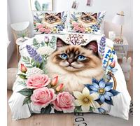 Gumntun Funda Nórdica 240x260 cm Gato con Flores, 3D Juego de Ropa de Cama, Fácil Cuidado Fundas de Edredón con 1 Funda Nórdica 240x260 cm & 2 Funda de Almohada 50x75 cm_B14874