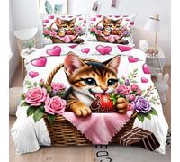 Gumntun Funda Nórdica 240x260 cm Gato Rosa con CorazóN, 3D Juego de Ropa de Cama, Fácil Cuidado Fundas de Edredón con 1 Funda Nórdica 240x260 cm & 2 Funda de Almohada 50x75 cm_B16722