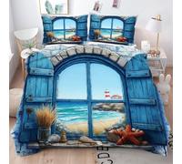 Gumntun Funda Nórdica Cama 180-240x260 cm Paisaje Marino Azul, Impresión 3D Microfibra Fundas de Edredón, Ropa de Cama con Cierre de Cremallera + 2 Funda de Almohada 50x75 cm