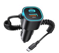 GuMosh 65W Cargador de Coche USB C Carga Rapida, 3 Puertos Mechero Coche con 1,5M Cable en Espiral Tipo C, PD QC PPS Car Charger Compatible con iPhone 17/16/15/14/13,Galaxy Phone,MacBook,iPad,Android